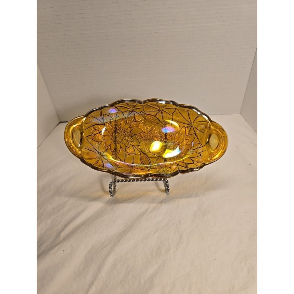 VTG Indiana Marigold Iridescent Carnival Glass Sunflower Relish W/Handles‎